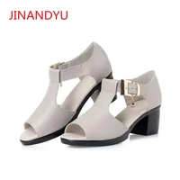 leather sandals women shoes midden heel peep toe non slip fashion mother shoes chunky heels gray black summer womens sandals new