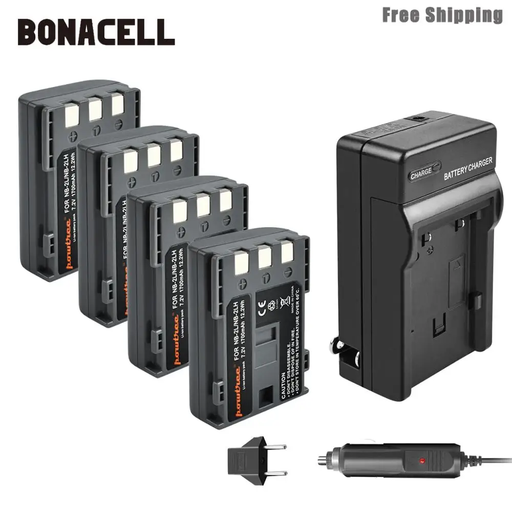 4XBattery Charger Bonacell 1700 мА/ч, NB-2L NB2L NB-2LH NB 2LH NB2LH Камера Батарея+ Зарядное устройство для Canon Rebel XT XTi 350D 400D G9 G7 S80 S70S30 L50 - Цвет: 4XBattery Charger