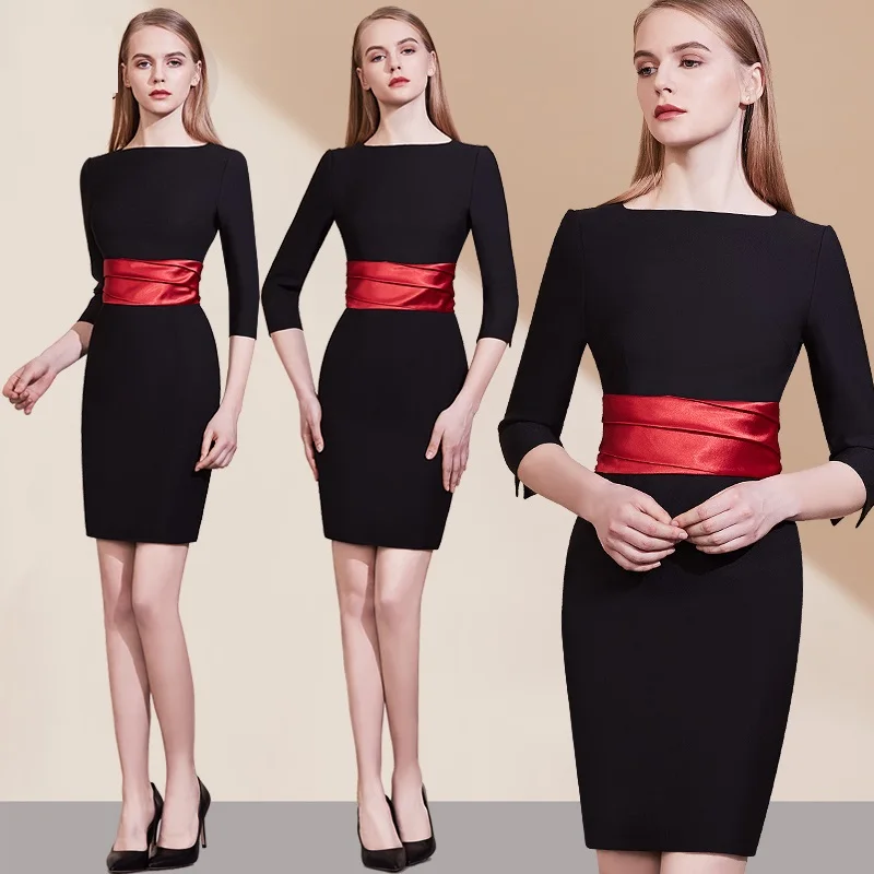 

Женское офисное платье средней длины, черное облегающее офисное платье с рукавом три четверти, Лидер продаж, на лето