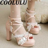 coolulu 2021 lolita pumps women platform lace cute pumps d orsay new high heeled shoes simple side buckle sweet thick heel shoes