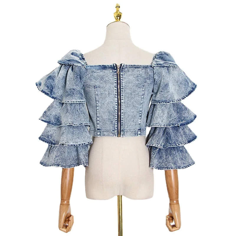 

2021 Summer New Ruffles Patchwork Denim Shirt for Women Fashion Crop Tops Square Collar Flare Sleeve Blouse Camisas De Mujer