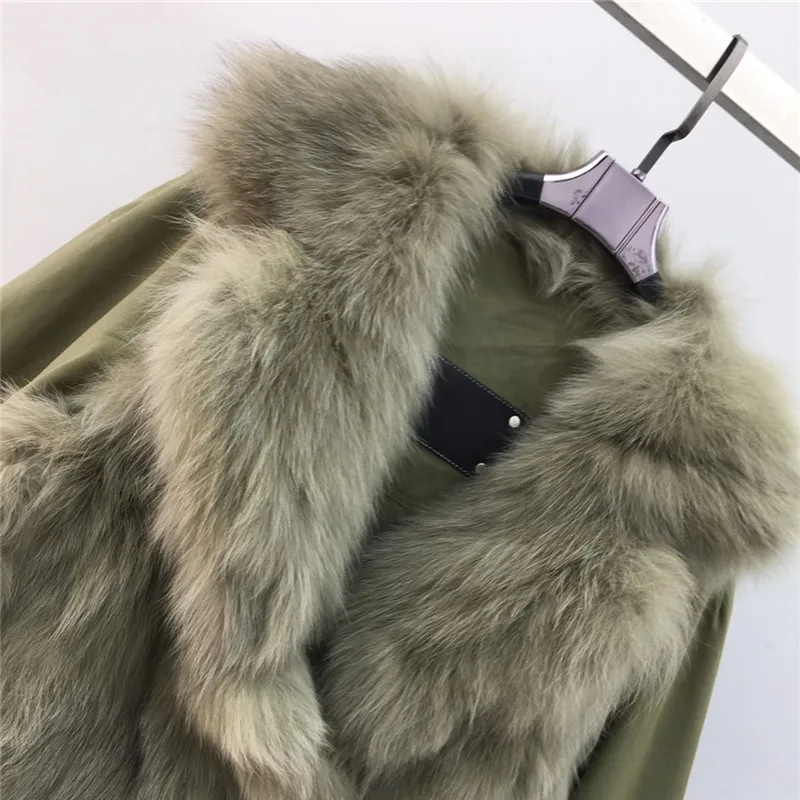 

Real Fur Coat Winter Jacket Women Short Parka Natural Fox Fur Liner Army Green Jacket Suit Collar Loose Winter Coat