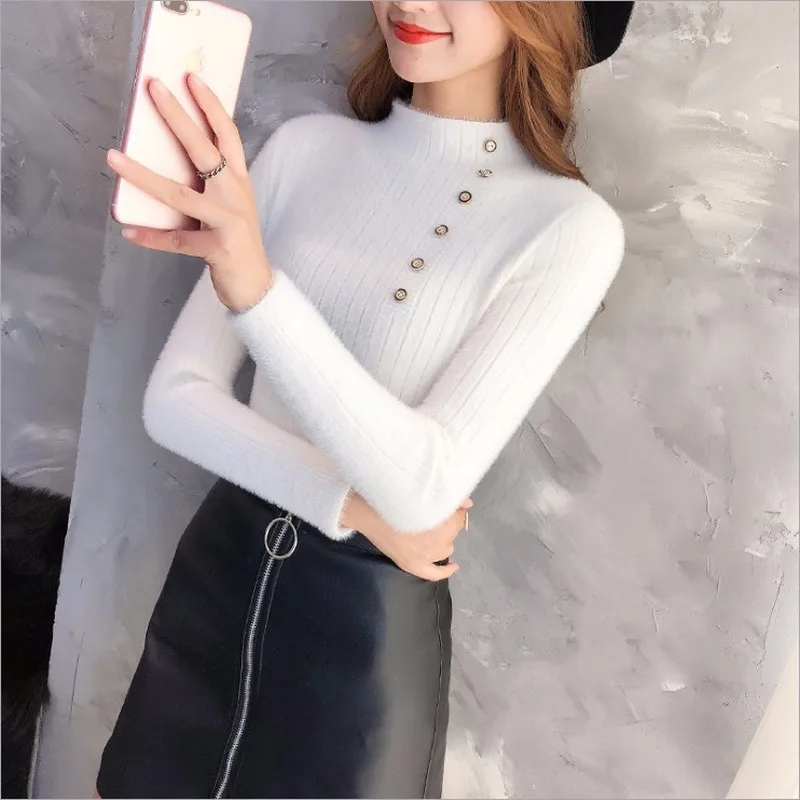 Women's Faux Mink Velvet Slim Sweater - Warm Knitted Pullover with High Collar and Button Bottom - Solid Color Spring Fashion image 3