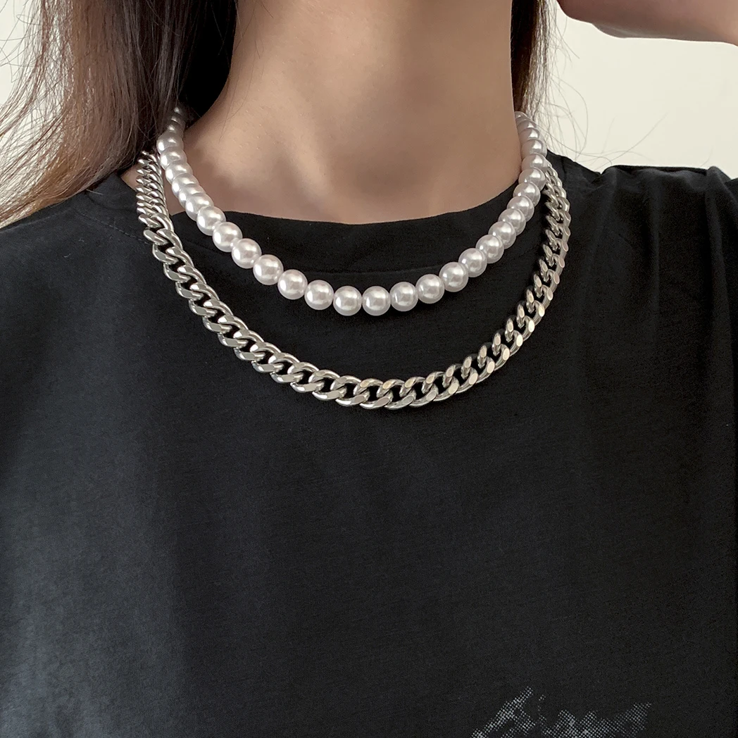 

Ingemark Stainless Steel Cuban Chain Necklace for Men Women Multilayer Imitation Pearl Choker Vintage Steampunk Couple Jewelry
