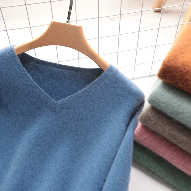 

top sweater women mink cashmere v-neck female winter warm pullover fashion long sleeve short wool thick sweaters