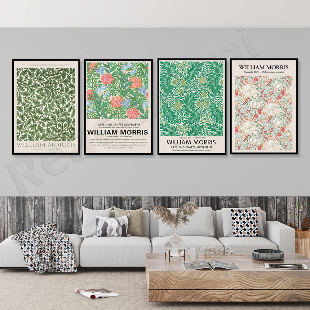 

A set of 4 vintage poster prints for William Morris Art Exhibition, wall art prints, and printable art posters