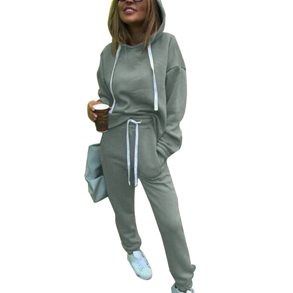 light grey Новинка, женский спортивный костюм для бега, утолщенные толстовки, длинные штаны, комплект из 2 предметов, повседневные толстовки, одноцветные спортивные штаны, спортивные комплекты - Цвет: light grey