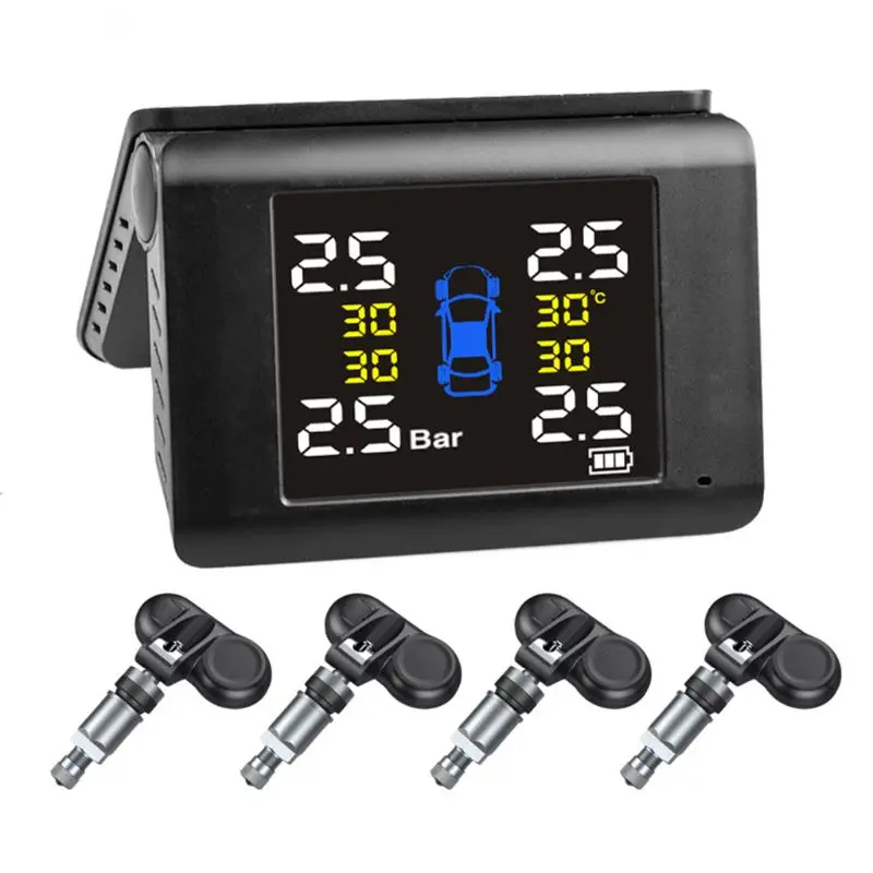 

1set TPMS Solar Power Tyre Pressure Monitoring System with 4 Built-in / External Sensors LCD Real-time Display Car Tire Pressure
