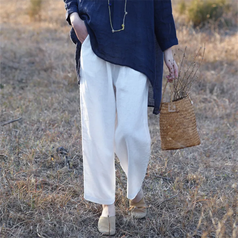 

SCUWLINEN 2021 Casual Solid Trousers Vintage Artsy Elastic Waist Loose Zipper Fly Straight Long Harem Pant Women S1125