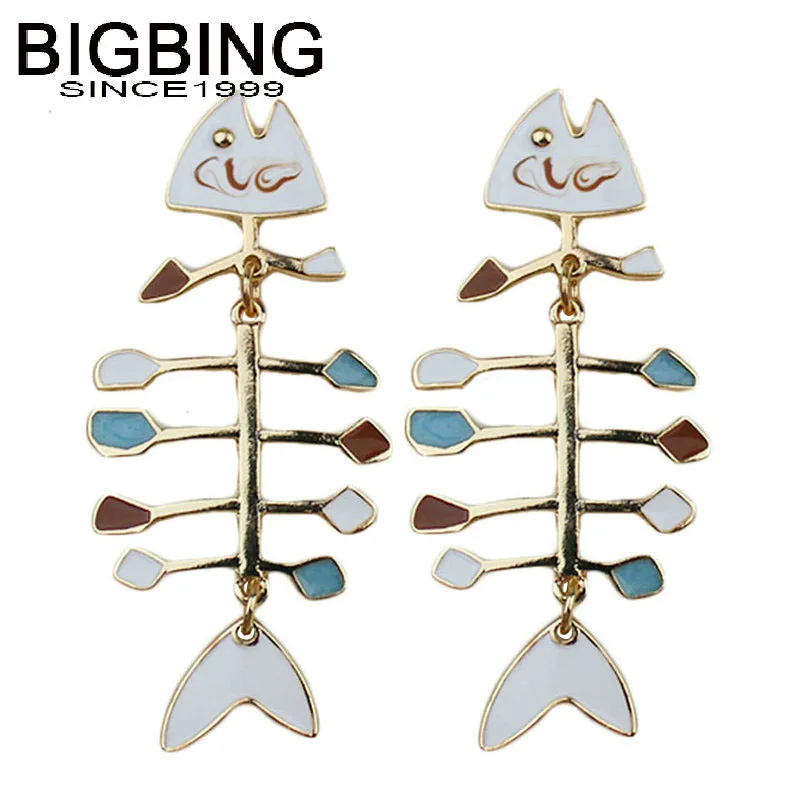 G014 BIGBING ювелирные изделия Модные золотисто белые серьги гвоздики в виде рыбьей