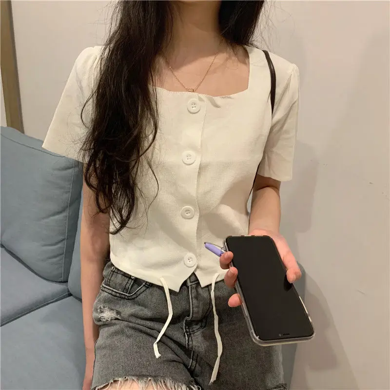

Woman TShirts Women's Square Collar Knitted Cardigan Short Summer Drawstring Top White Small Coat Crop Top Mujer Camisetas