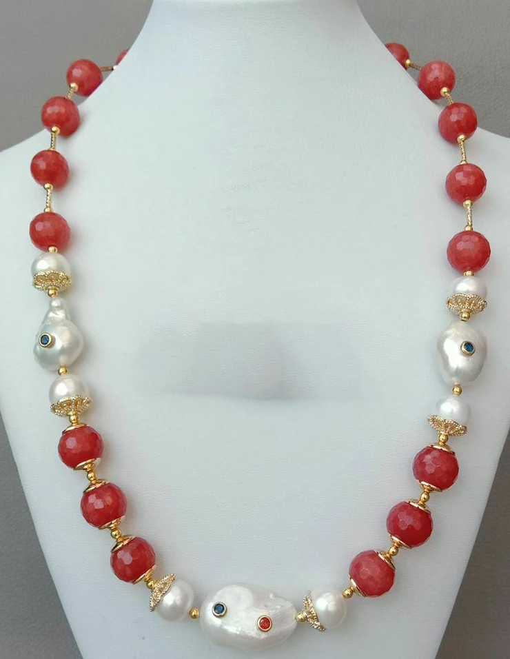 

HABITOO Fashion 20inch Natural White Cultured Keshi Red Jade Crystal Gold Rondelle Bead Mix Design Choker Necklace for Jewelry
