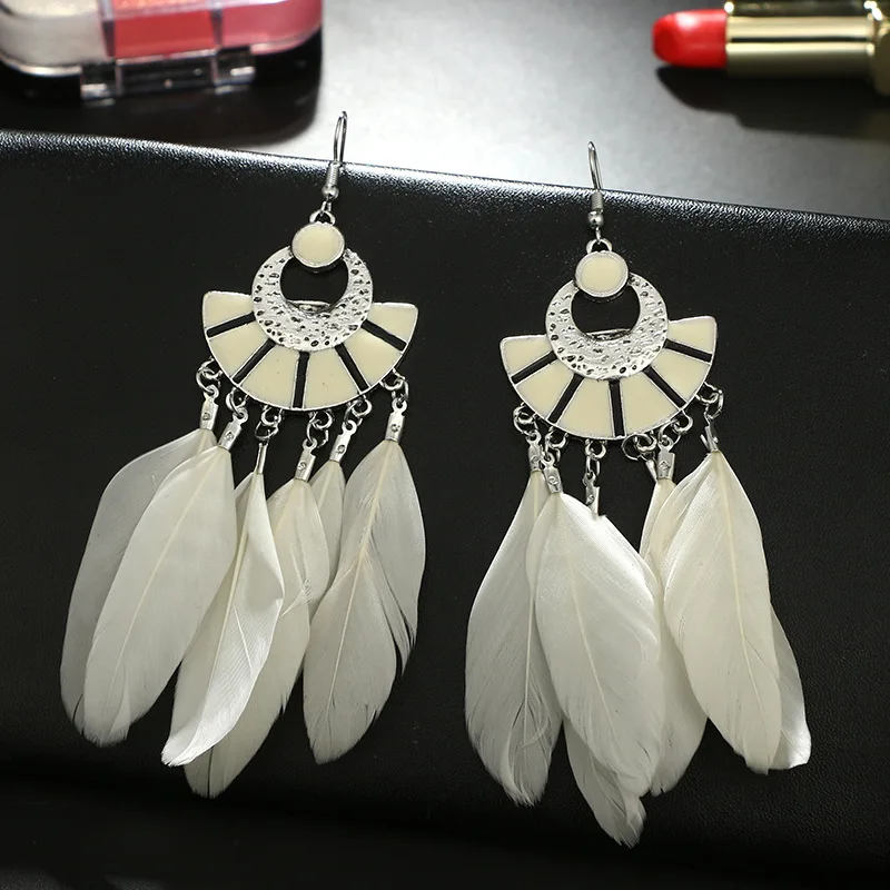 Богемные Модные Винтажные серьги перьевые в виде веера популярные длинные