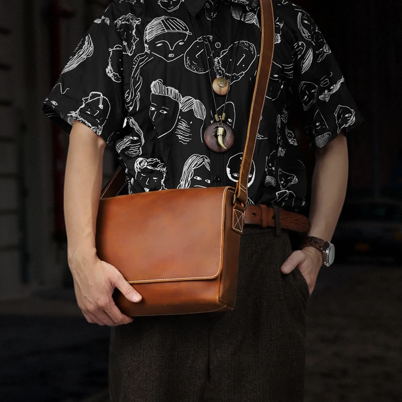 Handmade leather men's bag Vintage men's briefcase Large Capacity Office Shoulder Bag Ipad Men's handbag