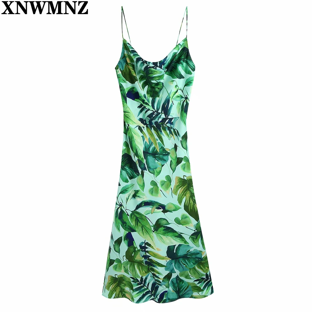 

XNWMNZ 2021 Chic Fashion Tropical Print Midi Camisole Dress Women Vintage Backless Side Vents Thin Straps Female Dresses Mujer