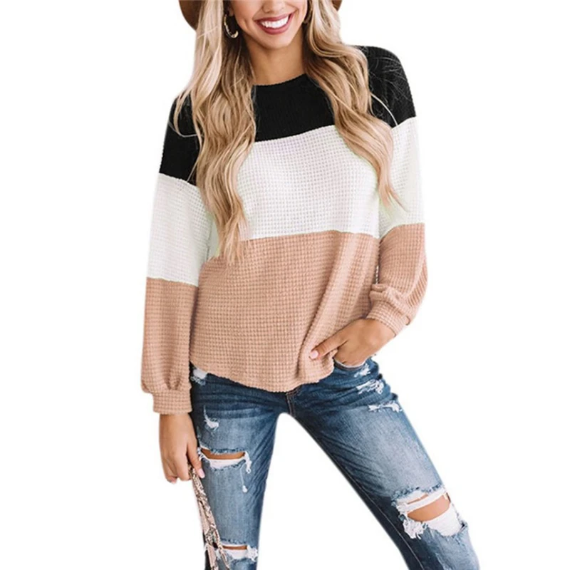 

Women's Autumn Casual Knitted Sweater Fashion Striped Patchwork Long Sleeve Pullover Sexy Hollow Out O-Neck Jumper Tops A50