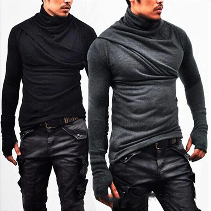 Autumn and winter bottoming shirt personality Turtleneck collar men's long sleeves with gloves T-shirt high slim | Мужская одежда