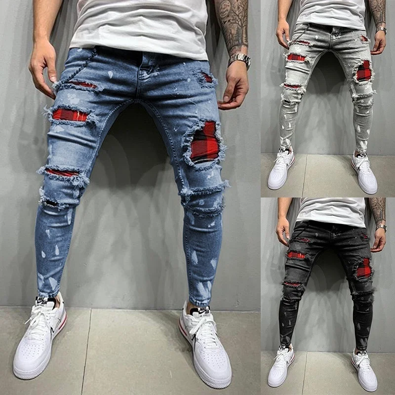 

Hole Ripped Jeans Men Slim Fit Skinny Jeans Hip Hop Fashion Streetwear Patchwork Jeans Elasticity Gothic Pants Men
