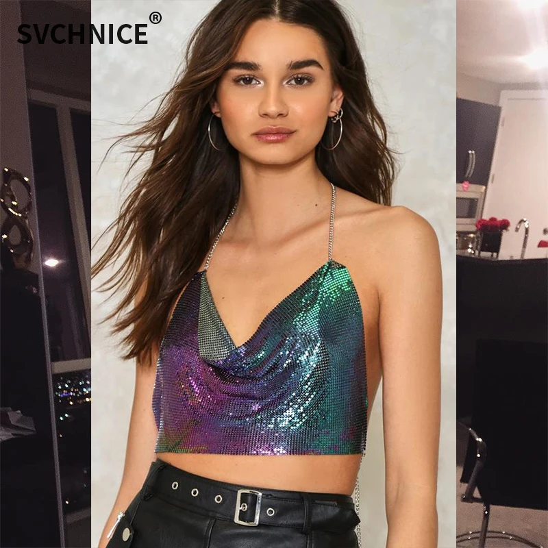 Женский топ на бретельках с металлическими блестками укороченный открытой