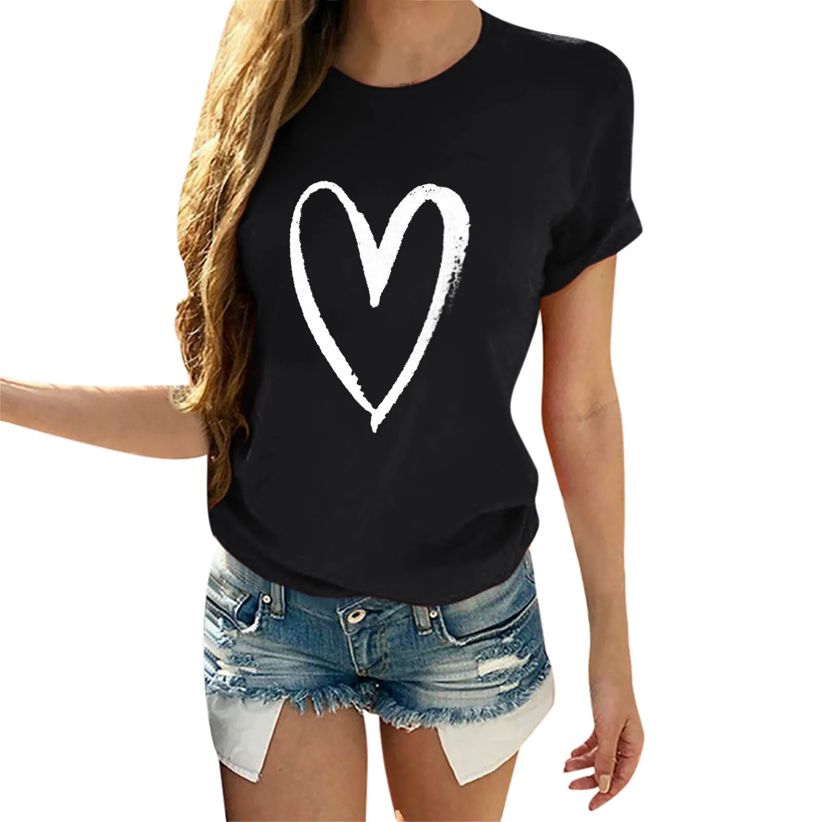 

65% Cotton T Shirt Black Tees Shirts Women Valentine Day Heart Print Bleached Tshirt Female Short Sleeve Loose Streetwear Tops