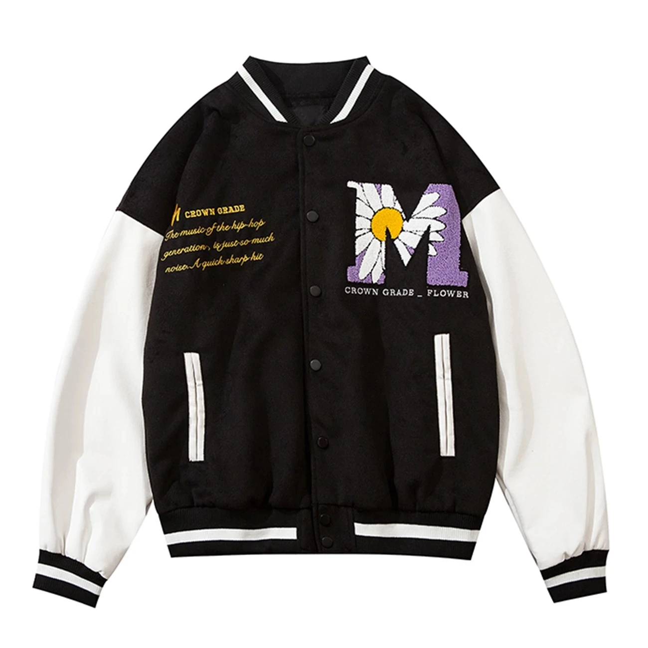 

2021 Hip Hop Patchwork Button Jackets Men Harajuku Streetwear Furry Big Letter Embroidery Daisy Bee Bomber Jacket Baseball Coats
