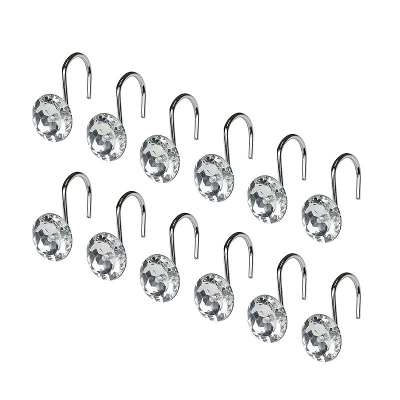 

Retail 12 Pcs Shower Curtain Hooks Shower Rings S Shape Curtain Hanger Round Decorative Rhinestones Rolling Bathroom Bath Set