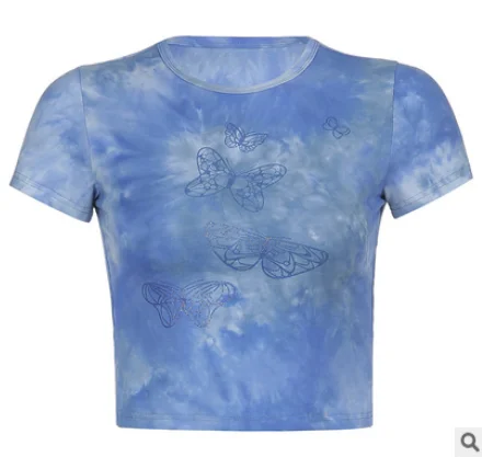 

Butterfly Green Crop Top y2k Aesthetic T Shirt Short Sleeve O Neck Pullovers Women Harajuku Cute Tee Summer Retro 90s clothes