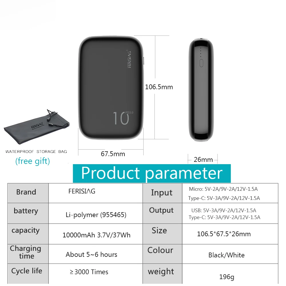 FERISING Mini 18W Power Bank 10000mAh Portable External Battery Fast Quick Charger USB Type C QC 4.0 3.0 for Xiaomi Powerbank | Мобильные