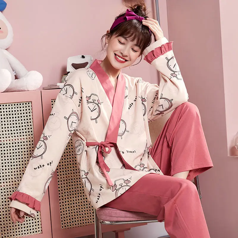 Pajamas Women's Spring Autumn Pure Cotton Long-sleeved Loose Suit Japanese Sweet and Cute Japanese Homewear Can Be Worn Outside