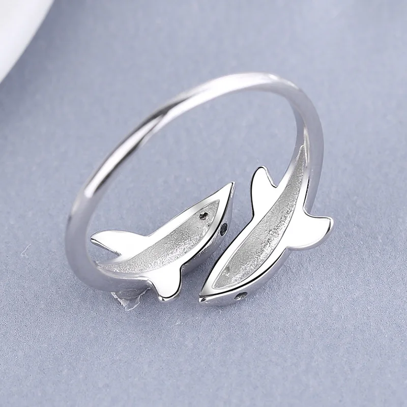 

FUN-BEAUTY Women's s925 Sterling Silver Happy Double Dolphin Love Ring Simple Sweet And Cute Animal Silver Jewelry