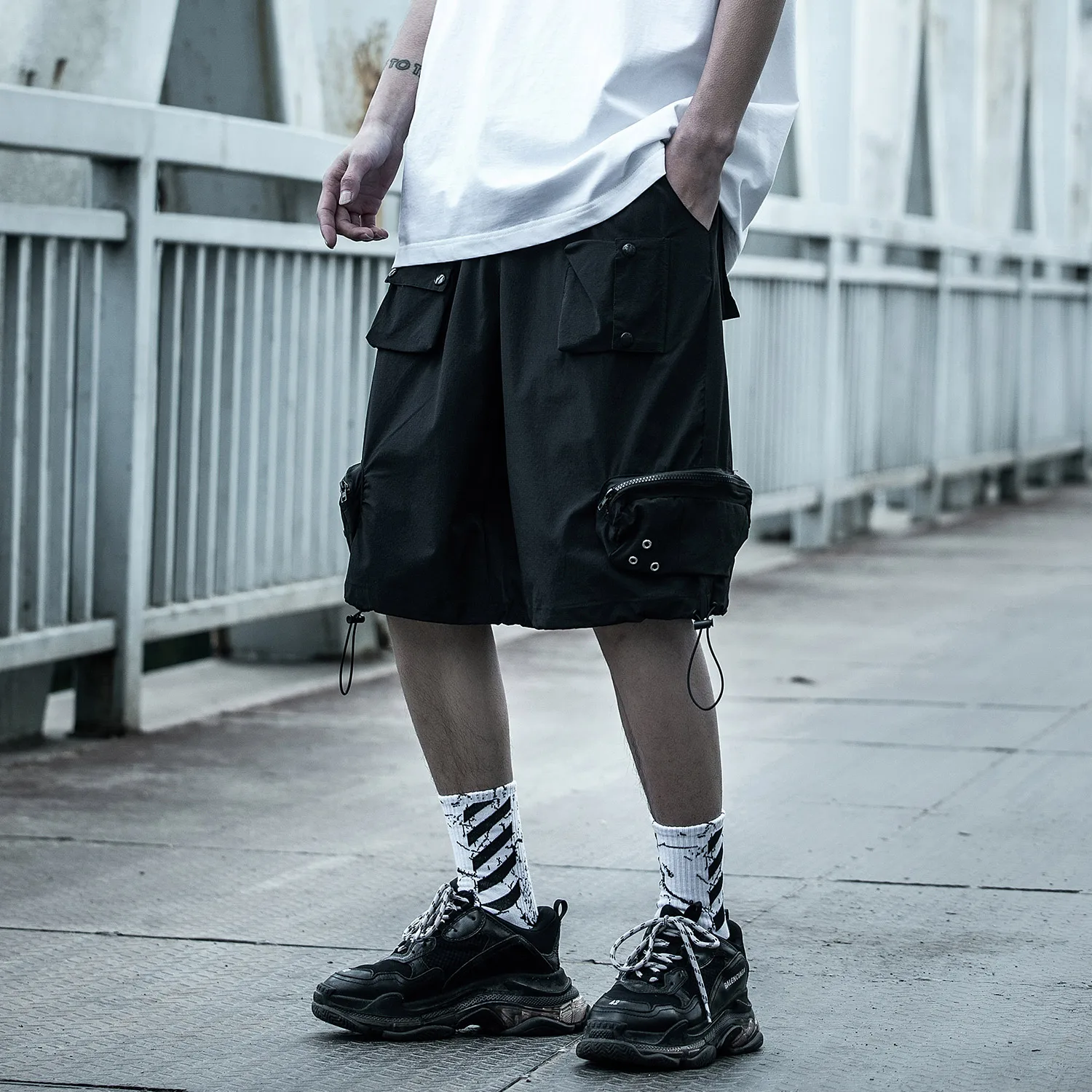 

Hip Hop Summer Functional Drawstring Cargo Shorts Multi-Pocket Casual Men Streetwear Functional Short Pants Joggers Techwear