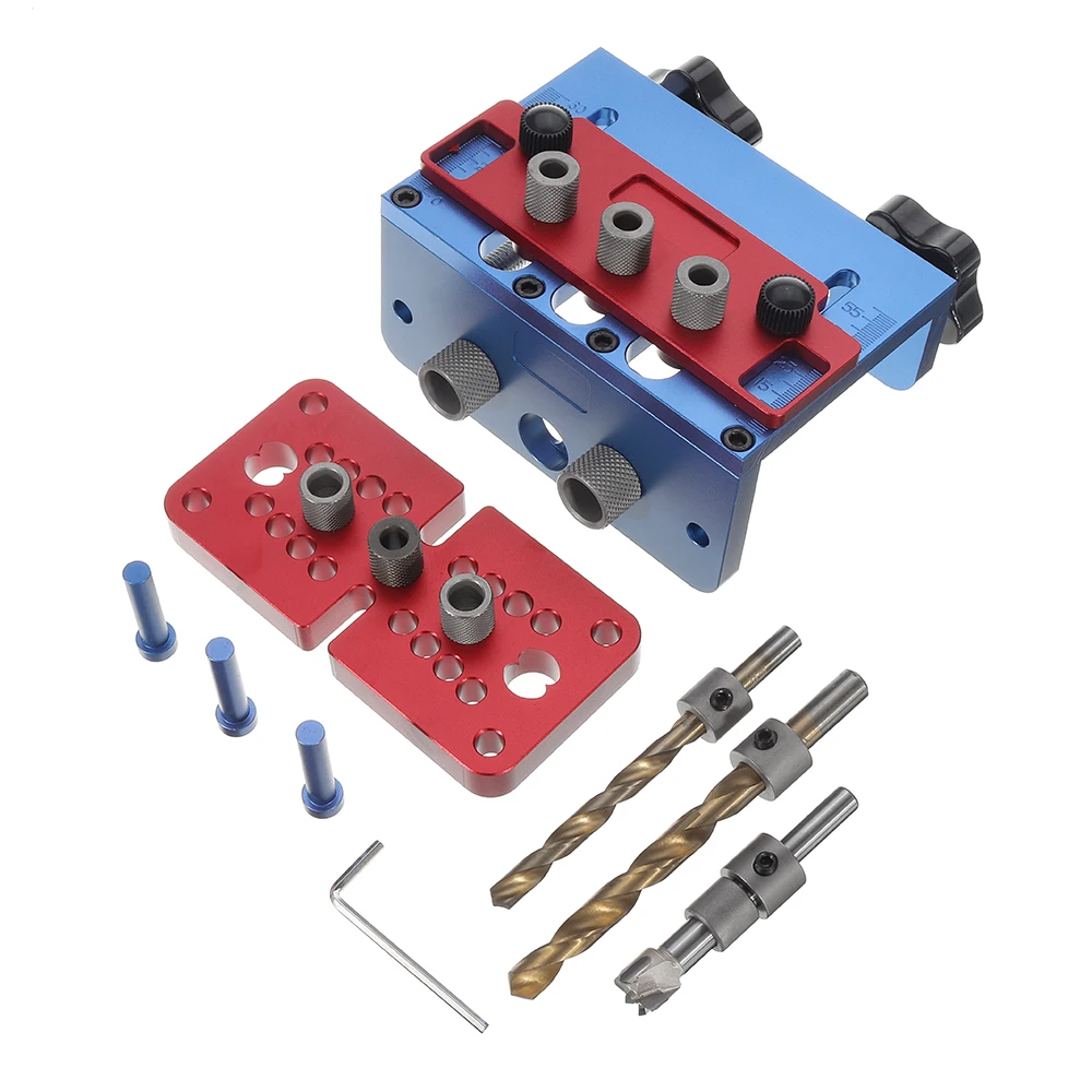 

3 In 1 Woodworking Drill Guide Set Hole Puncher Dowelling Jig Self Tighten Clamp Dowel Tenon Punching with Drill Bits Locating P