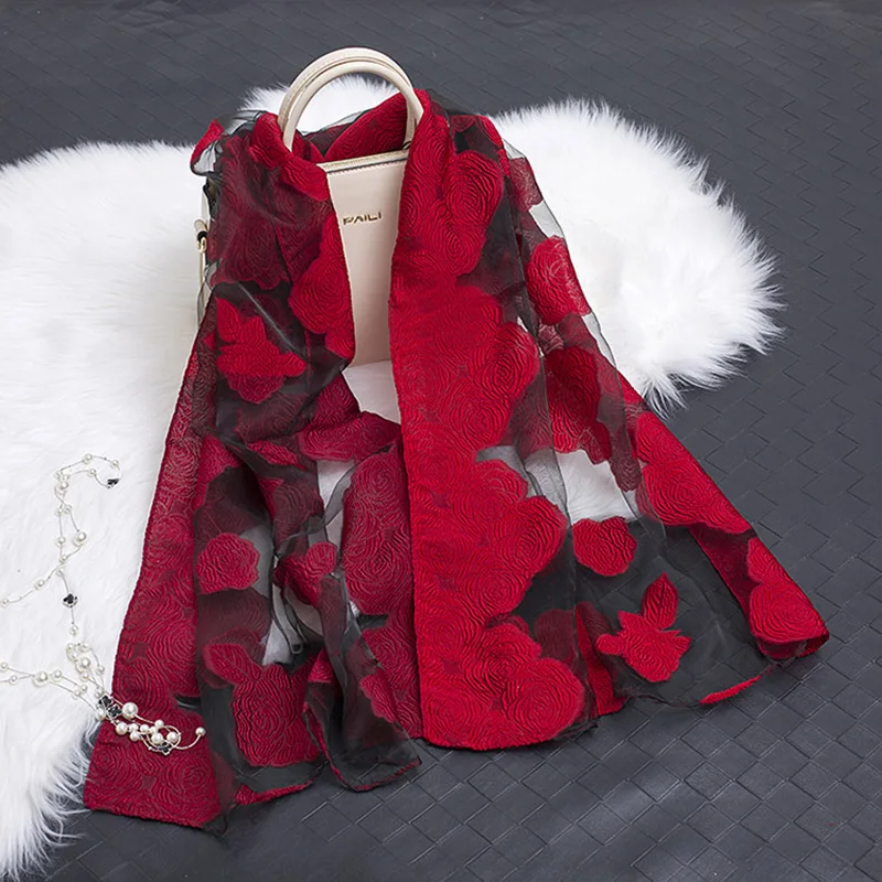 Женский шарф с листьями и цветами длинный из органзы высокого качества