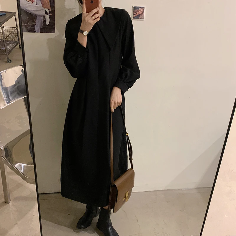 

2021 Women Dresses Solid Loose High Waist Long Lantern Sleeve Gentle French Elegant Autumn Female Fashion Clothes