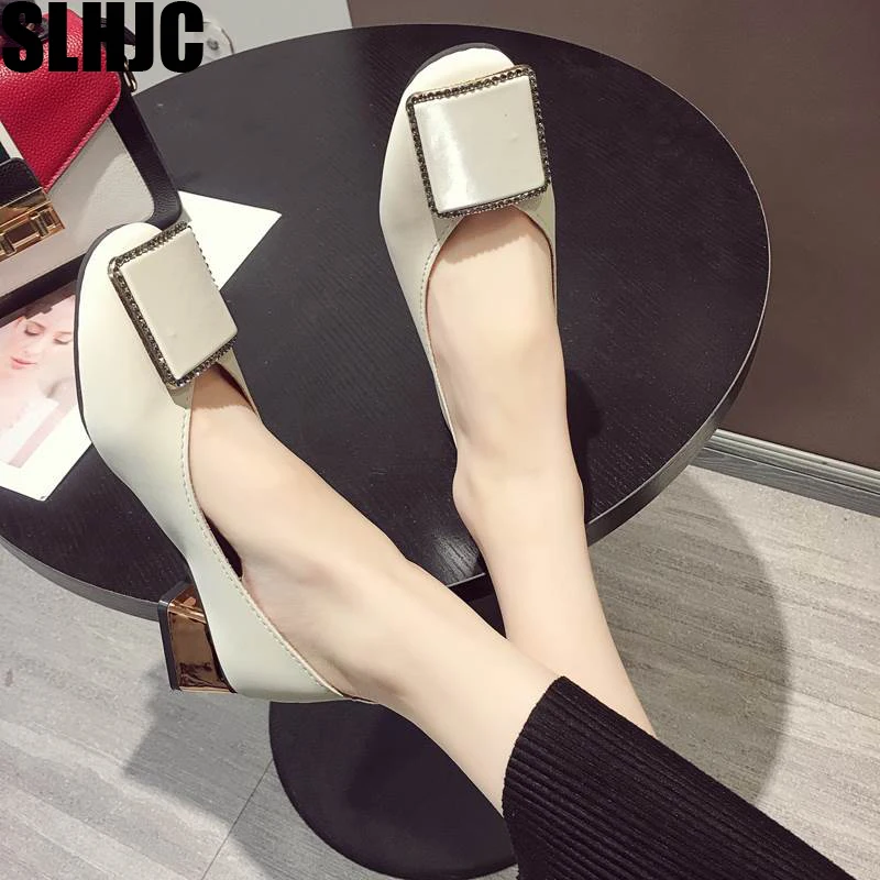 Женские кожаные туфли лодочки SLHJC на среднем квадратном каблуке с квадратным
