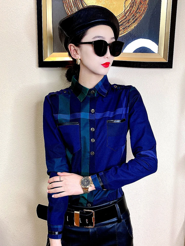 

Fashion Women Cotton Shirts Long Sleeve Plaid Blouses Women Plaid Tops