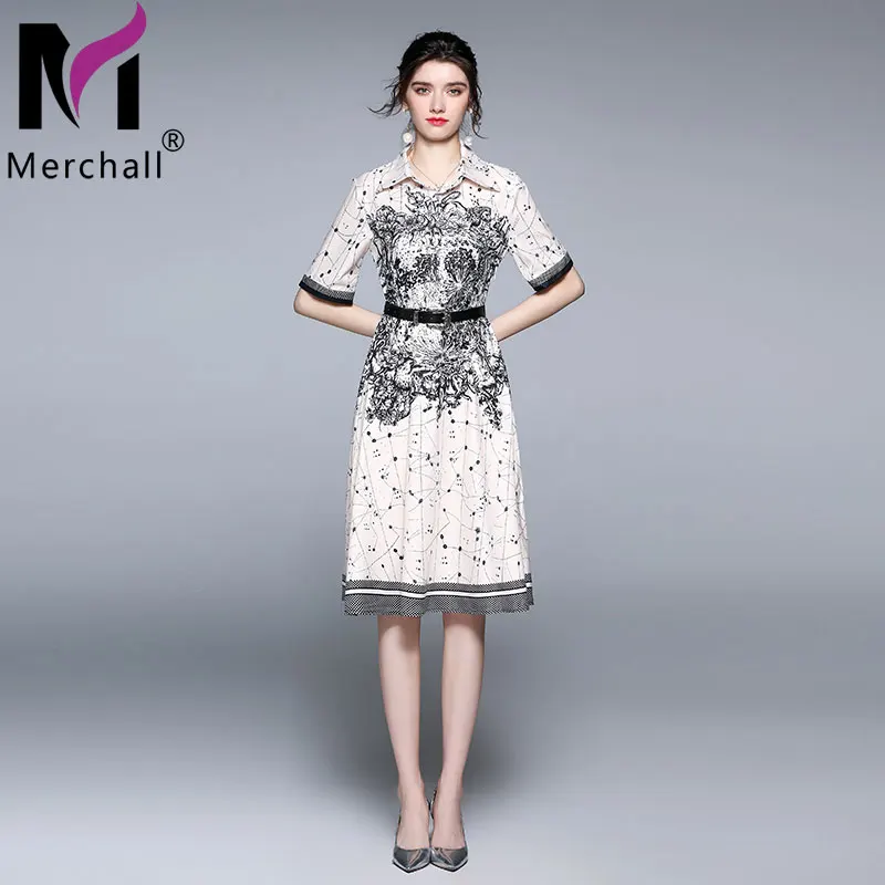 

Merchall 2021 летние модные элегантные отложной воротник миди платье женская с поясом и цветочным принтом тонкий халат вечерние ужин Vestido M61879