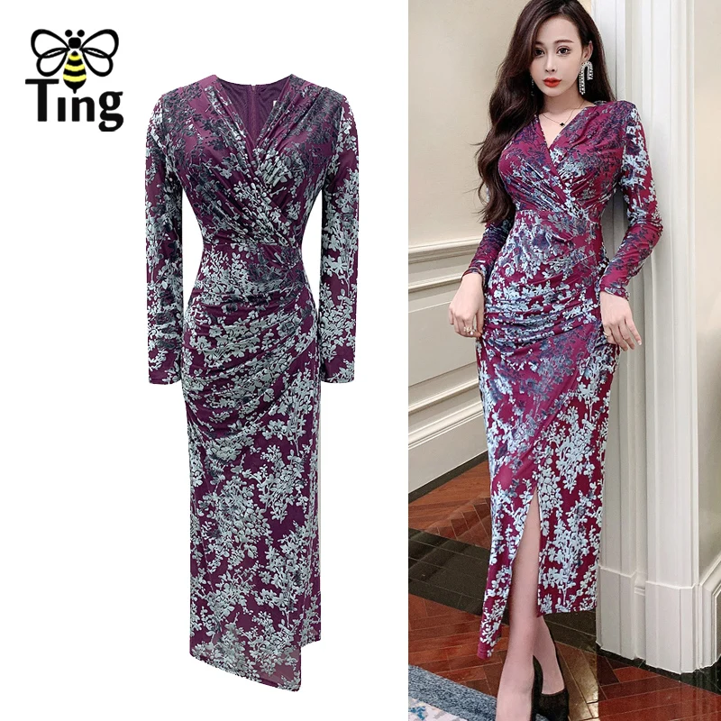 Женское бархатное платье-футляр средней длины с V-образным вырезом | Женская