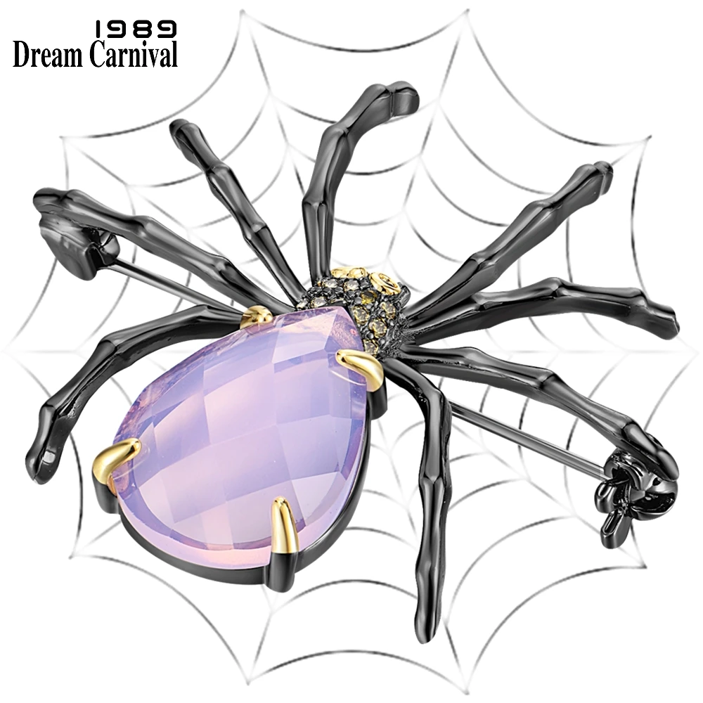 DreamCarnival1989 New Exotic Insect Spider Pink Opal Fashion Brooch for Women Black Gold Dating Suit Coat Pin Accessories WP6850