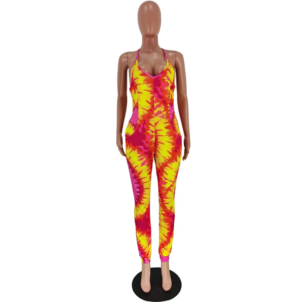 

Wholesale colorful print fashion sexy women jumpsuit and rompers sleeveless deep v neck sexy skinny overalls