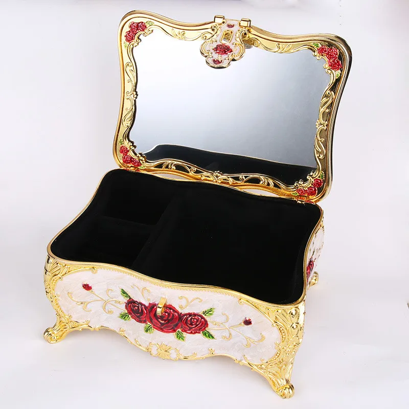 Luxury Vintage Rectangle Metal Rose flower Jewelry Box Trinket Organizer Storage Box with Butterfly Pattern for Women Girls