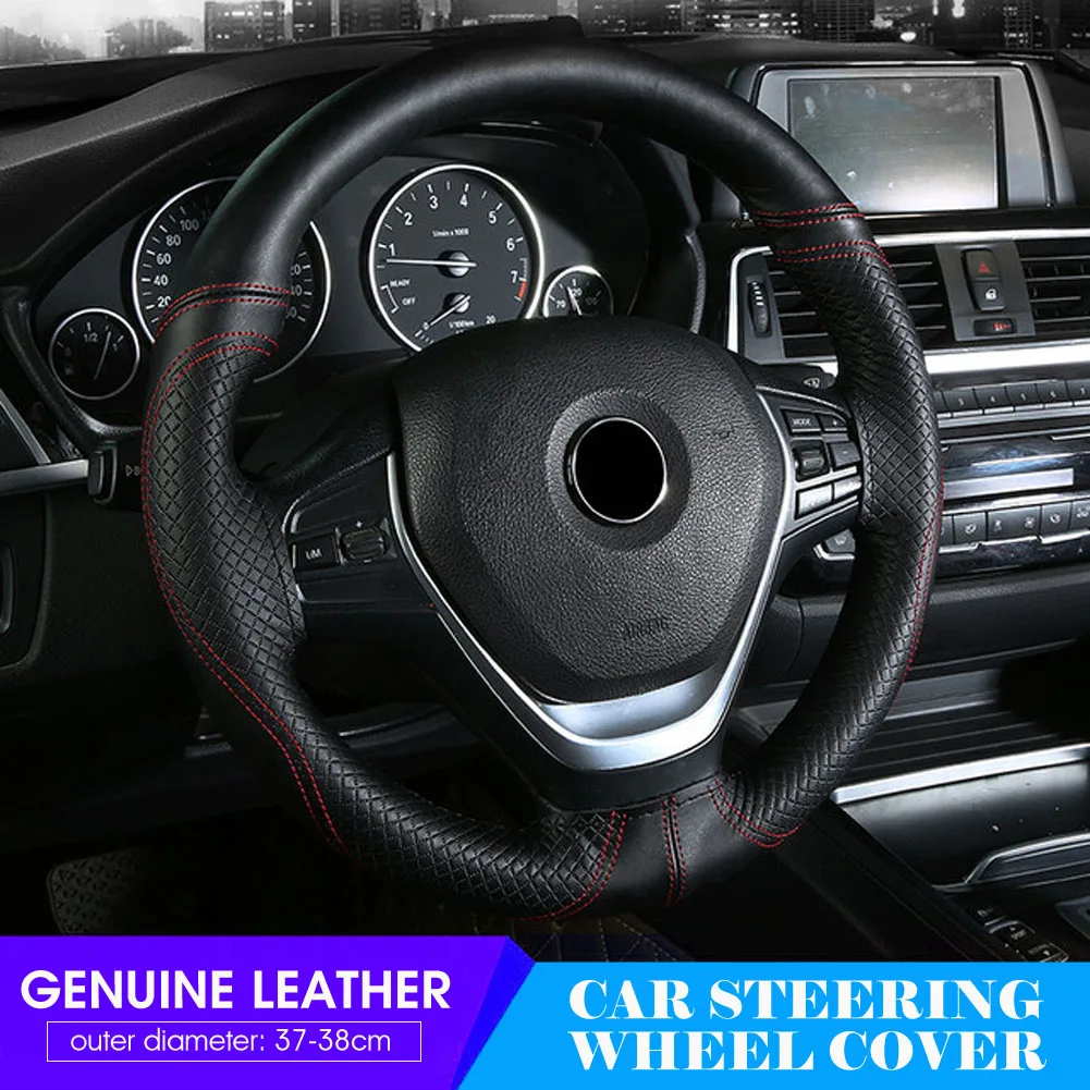 

Car Steering Wheel Braid Cover Needles And Thread Non-slip Round Breathable Genuine Leather Steering Wheel Cover for All Seasons