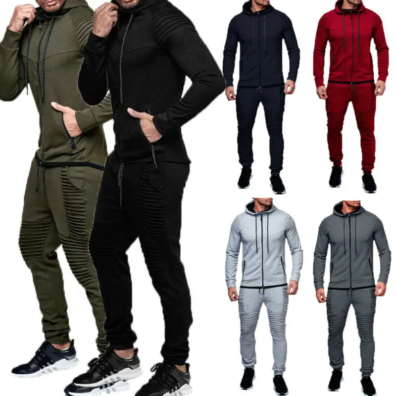 

Men Tracksuit Long Sleeve Hoodie Zipper Sport Jacket+Pants Drawstring Casual Sport Jogging Athletic Trainer Suit 2PCS