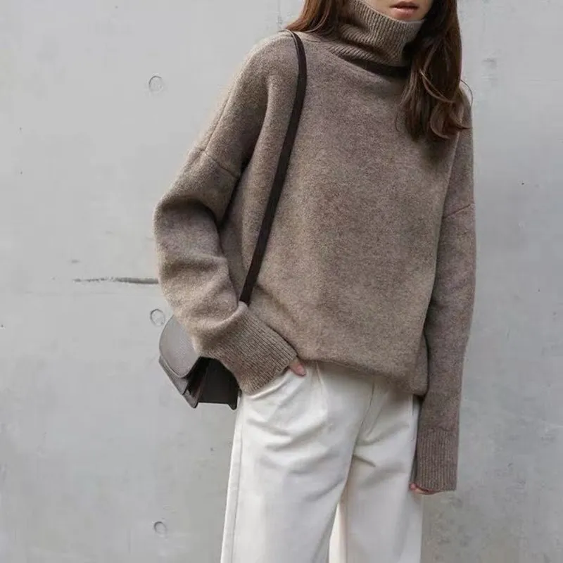 

New women's high neck loose wool sweater sweater pullover thick knitted cashmere sweater outer wear base large size warm top