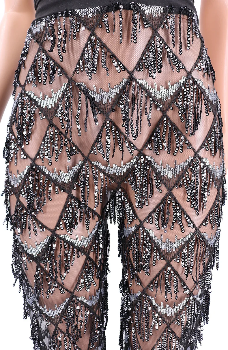 

Backless Cross Lace Up Sexy Club Jumpsuit Women Deep V Neck Sleeveless Party Romper Sequined Tassel Perspective Overall YY8078