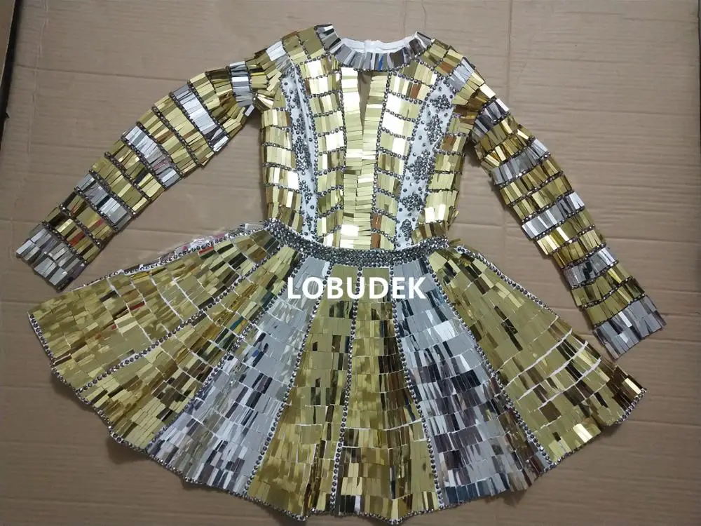 

Shiny Gold Silver Rhinestones Sequin Dress Long Sleeve Backless Women Birthday Prom Short Dress Singer Dancer Stage Show Dresses