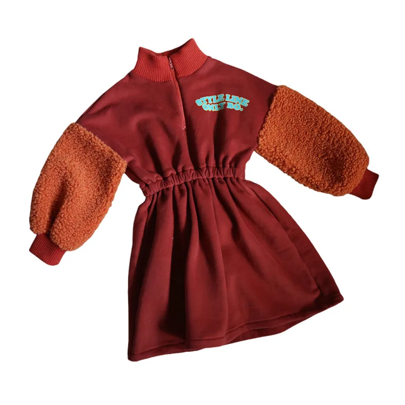 2019 Fashion Girls Autumn Winter Dress for 6 8 10 12 years Casual Long Sleeve Zipper Collar Warm Teenage Clothing |