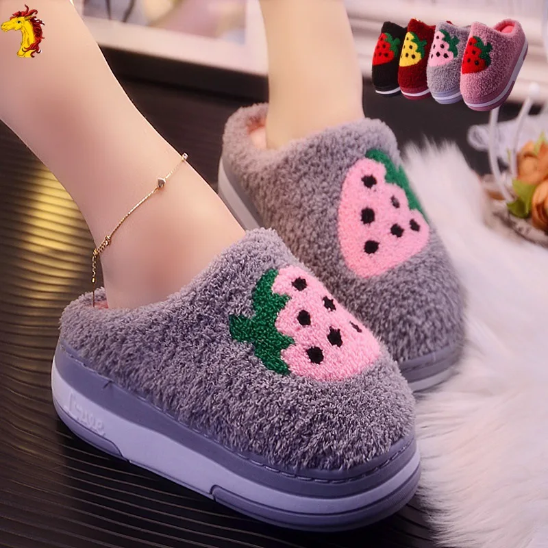 

Cotton Slippers Women's High-heeled Winter Cute Strawberry Korean Style House Slippers Warm Net Red Bedroom Wear Non-slip
