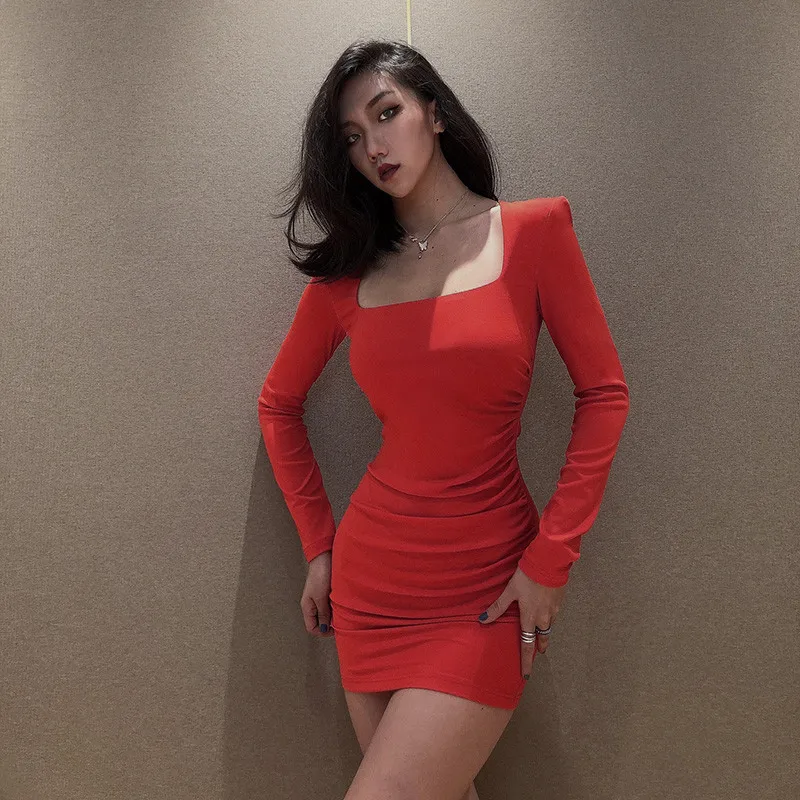 

Imcute 2021 New Sexy Women Long Sleeve Square Collar Dress Shoulder Padded Solid Color Pencil Dress Ladies Female Party Wear