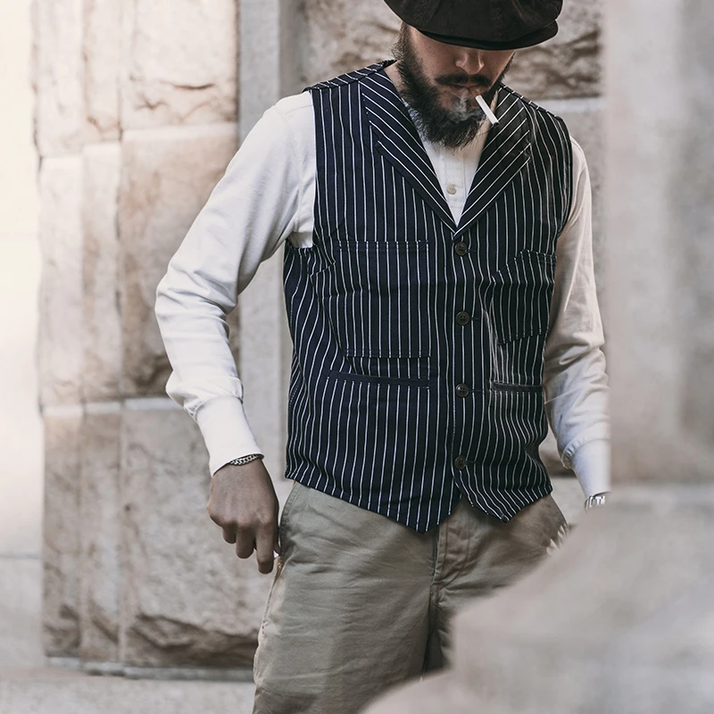 

Bronson 1900s 10oz Yarn Dyed Indigo Striped Railroad Vest Vintage Men's With Pockets Working Vests